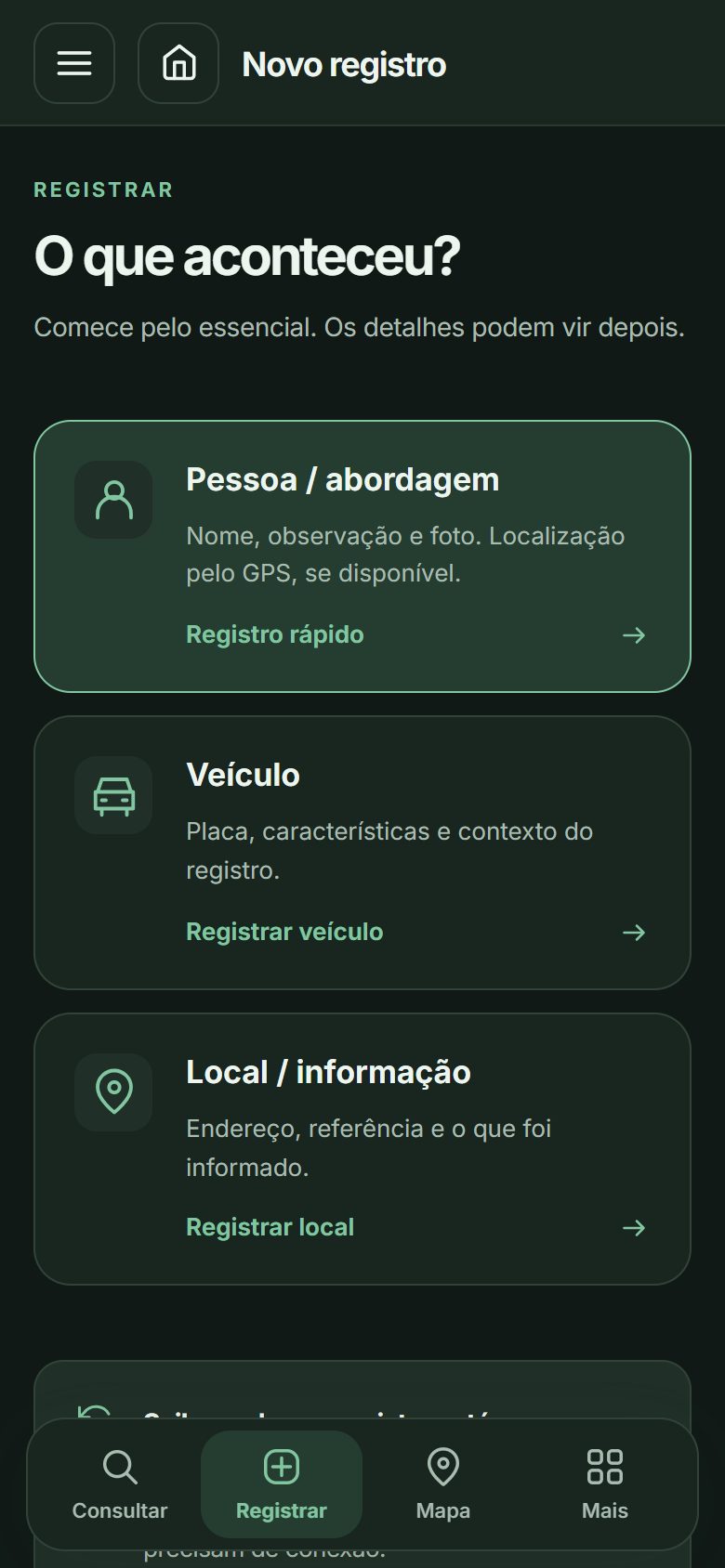Tela Novo registro: Pessoa/abordagem, Veículo e Local