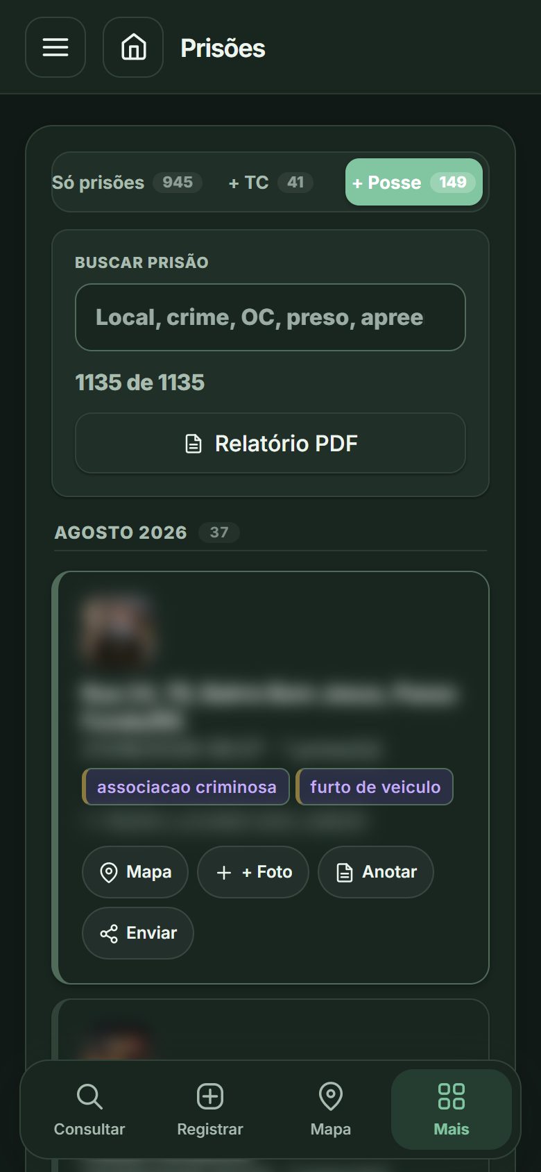 Lista de prisões com filtros e ações